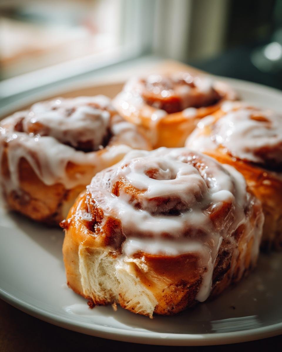 Close-up of several fluffy Apple Butter Cinnamon Rolls topped with thick white icing on a white plate.