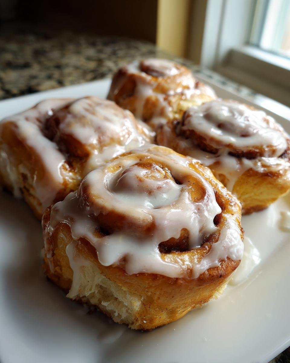Four fluffy Apple Butter Cinnamon Rolls generously topped with white icing on a white plate.