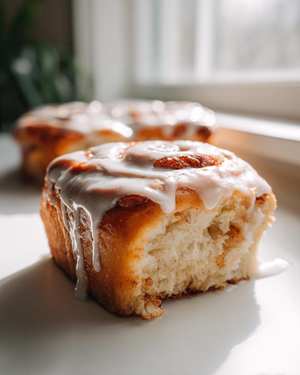 A close-up of a soft, freshly baked Apple Cider Cinnamon Roll covered in thick white icing, with a bite taken out.