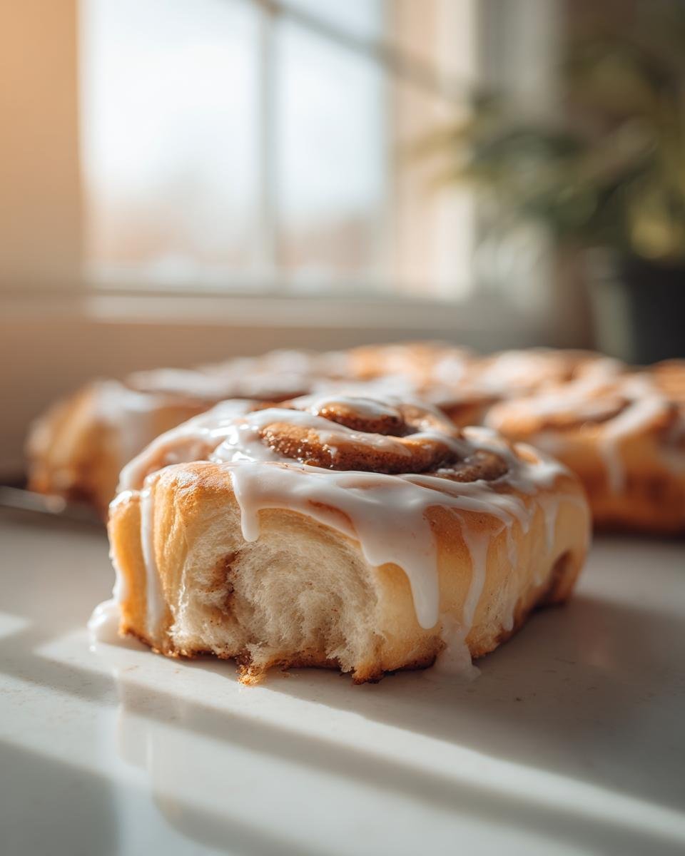 A soft, fluffy Apple Cider Cinnamon Roll with a bite taken out, drizzled heavily with white icing.