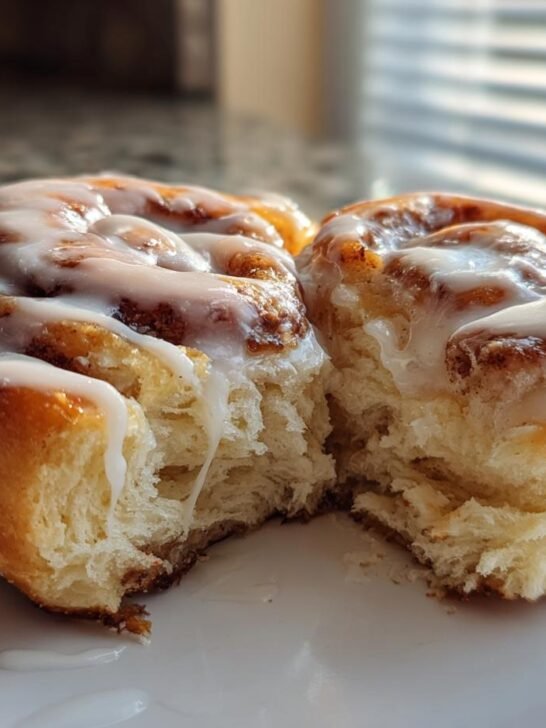 Two halves of a fluffy Apple Cider Cinnamon Rolls, drizzled generously with white icing, sitting on a white plate.