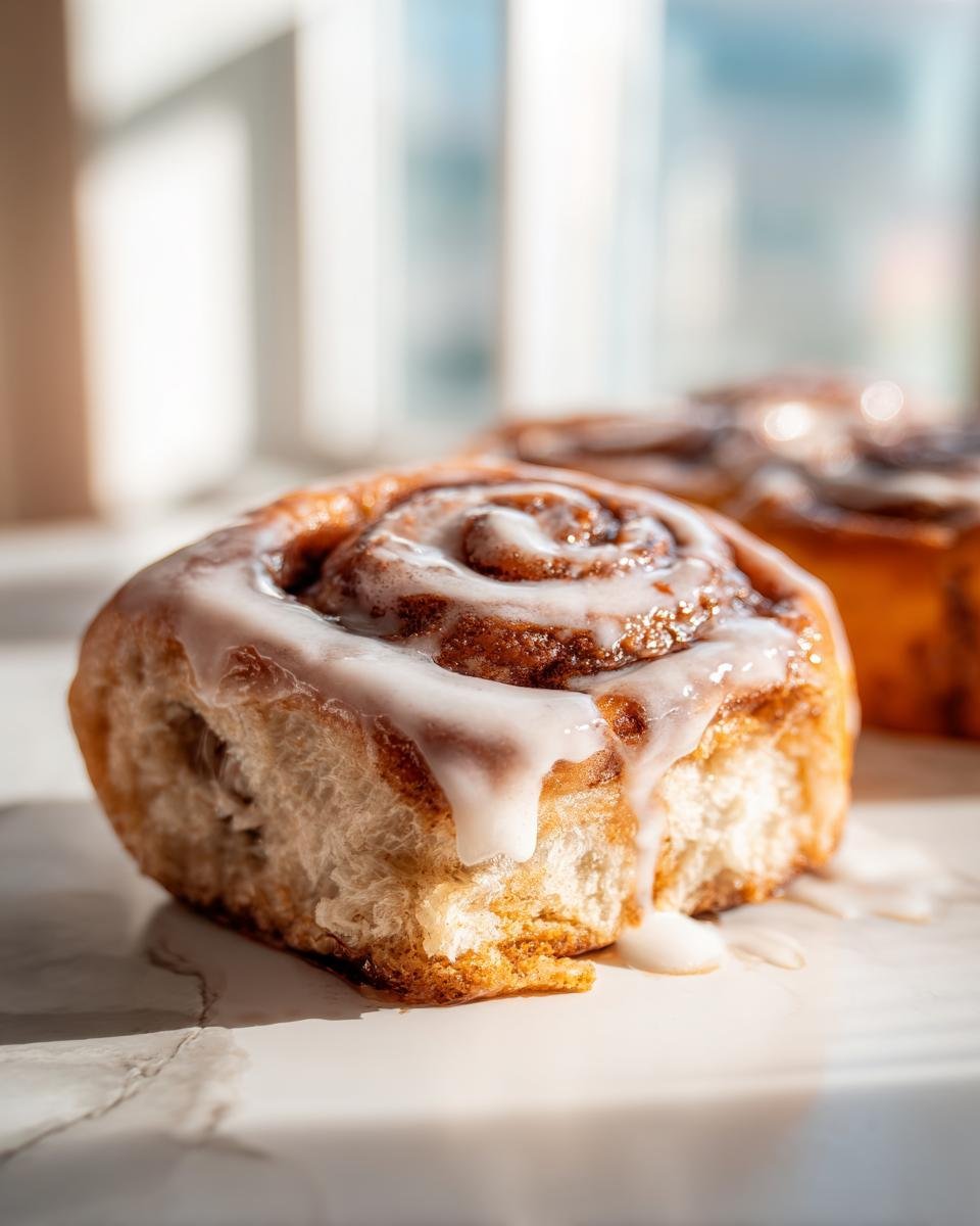 A close-up of a soft, freshly baked Apple Cider Cinnamon Roll topped with dripping white icing.