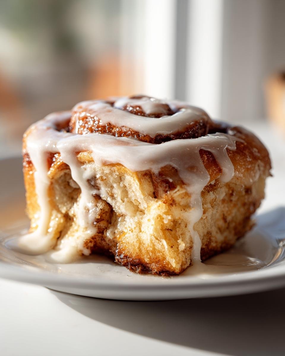 A close-up shot of a single, soft Apple Cider Cinnamon Rolls slice covered in white icing.