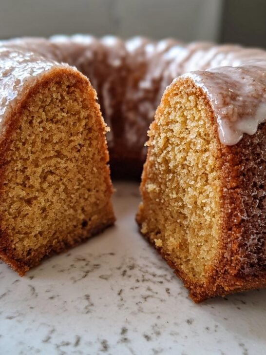 A close-up view of a slice cut from an Apple Cider Donut Bundt Cake, drizzled with a light glaze.