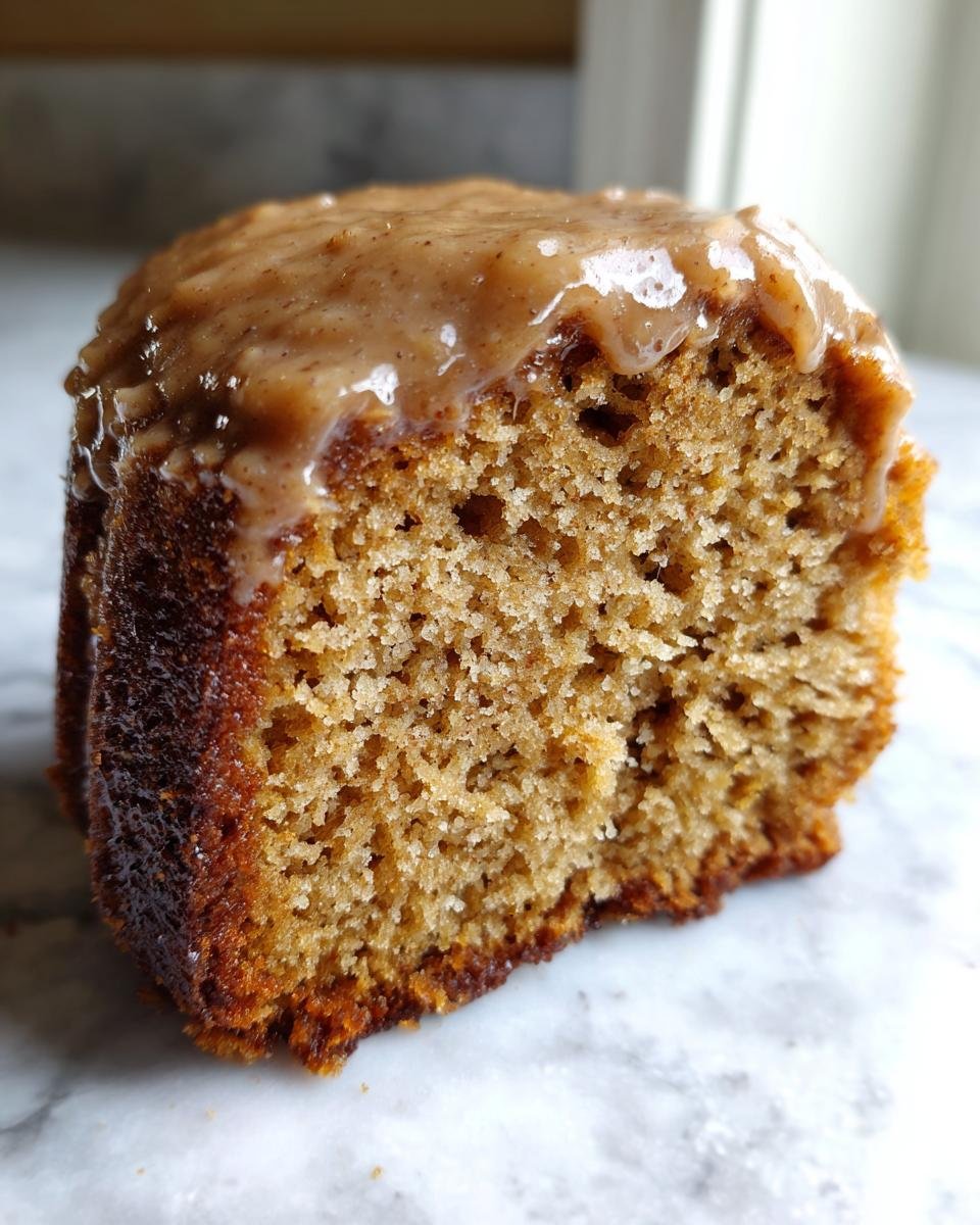 Close-up of a moist slice of Apple Cider Donut Bundt Cake with rich brown crumb and thick spiced glaze.