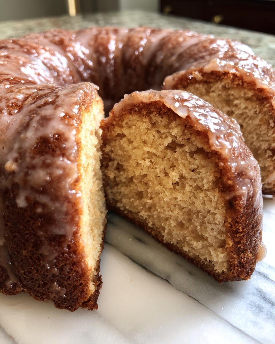 A close-up view of a sliced Apple Cider Donut Bundt Cake showing its moist crumb and light brown glaze.