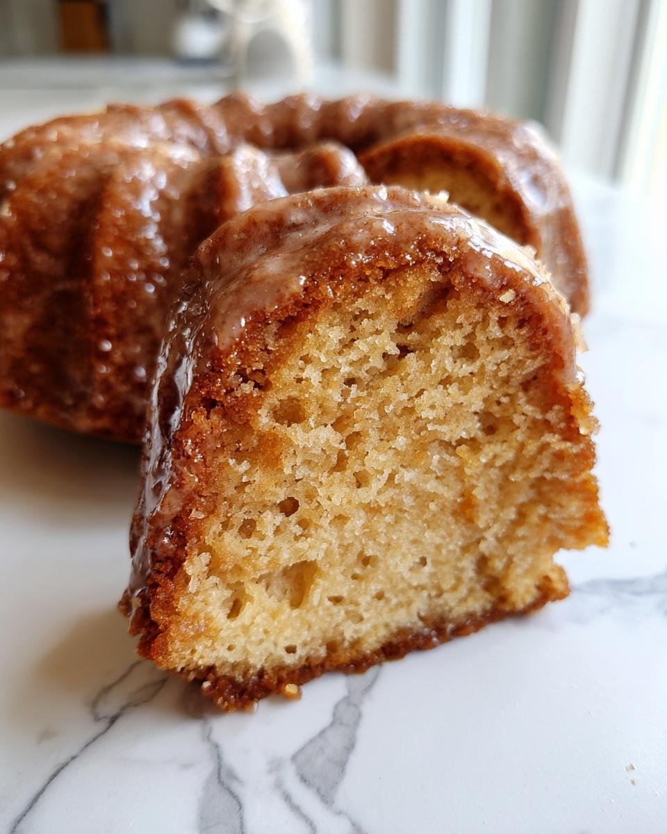 A close-up view of a slice cut from an Apple Cider Donut Bundt Cake, showing the moist crumb and cinnamon glaze.