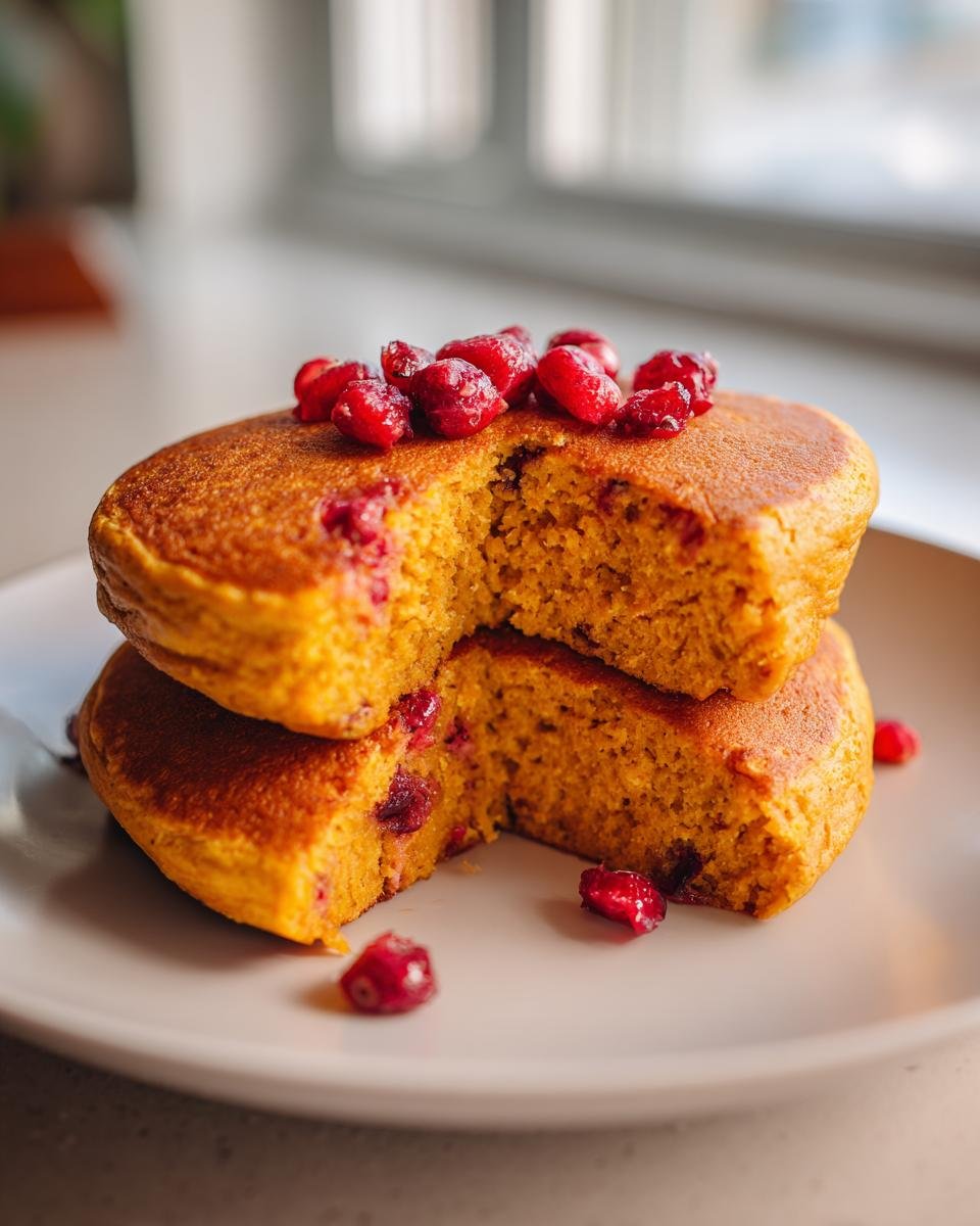 Close-up of a stack of fluffy Apple Cider Pumpkin Pancakes Cranberries, cut open to show the texture and topped with bright red cranberries.
