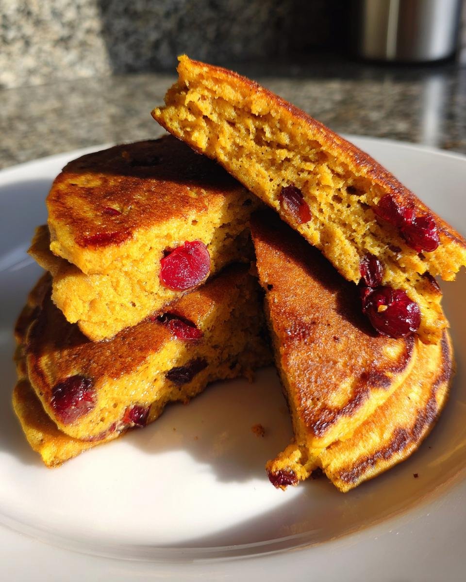 Close-up of a stack of fluffy Apple Cider Pumpkin Pancakes Cranberries with dried cranberries visible, one pancake is cut open.