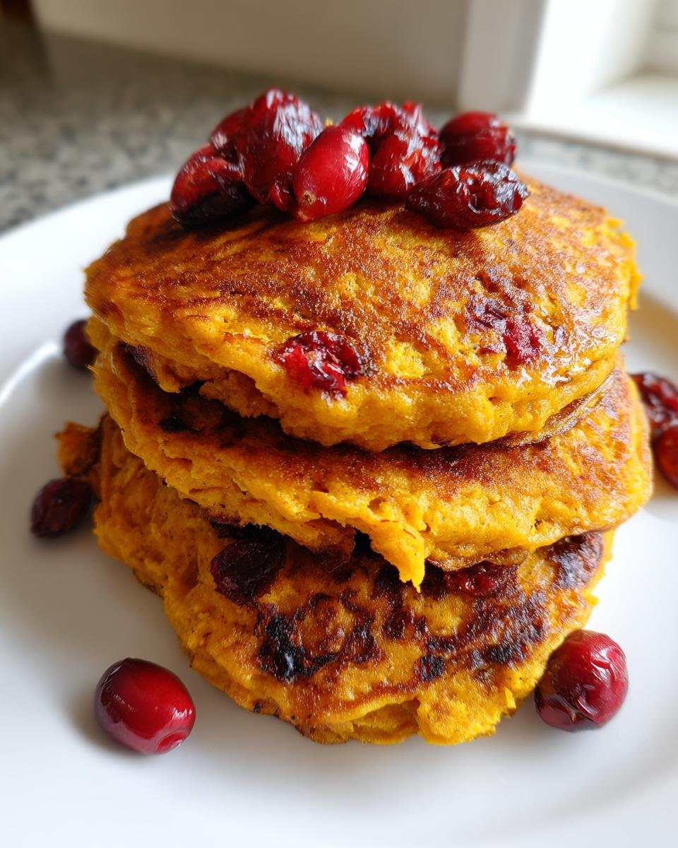 A stack of three golden Apple Cider Pumpkin Pancakes Cranberries topped with fresh cranberries.
