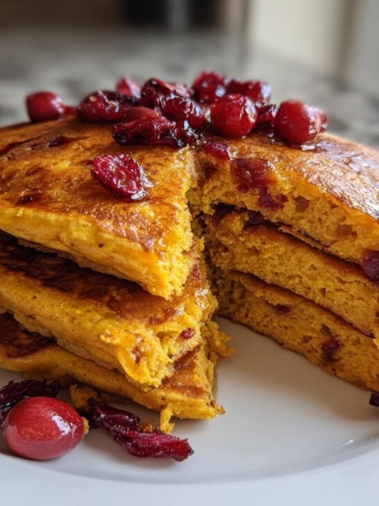 A tall stack of golden Apple Cider Pumpkin Pancakes Cranberries, drizzled with syrup and topped with whole cranberries.