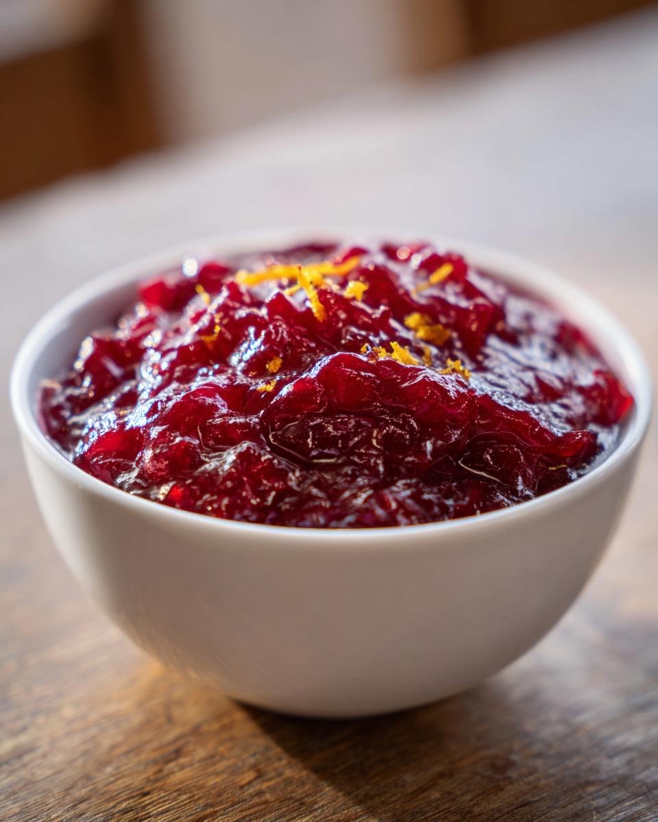 A close-up of a white bowl filled with rich, dark red The Perfect Apple Cranberry Sauce, topped with orange zest.