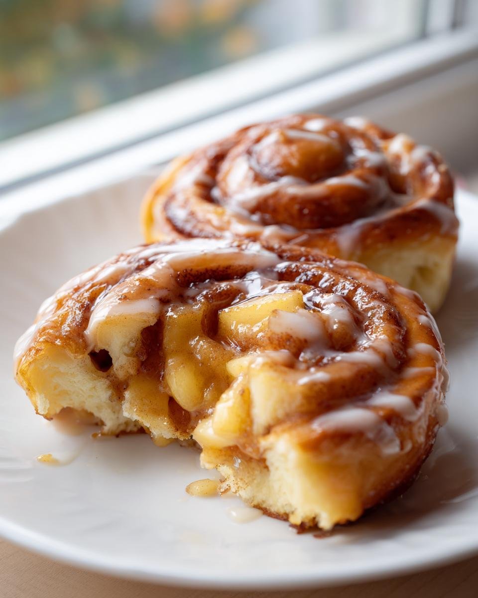 A close-up of two gooey Apple Pie Cinnamon Rolls on a white plate, one of which has a bite taken out revealing apple filling.
