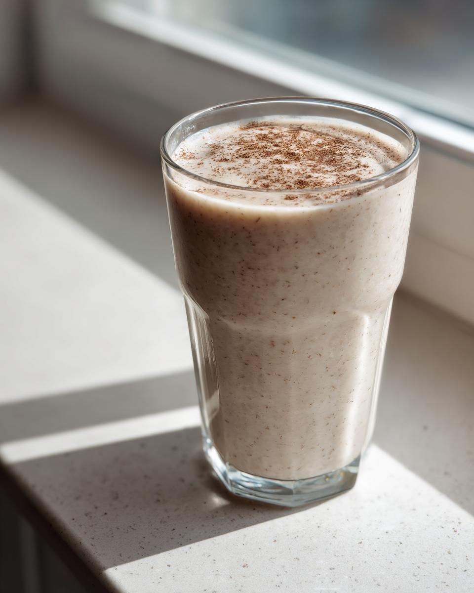 A tall glass filled with a creamy Apple Pie Smoothie, dusted with cinnamon, sitting on a bright windowsill.