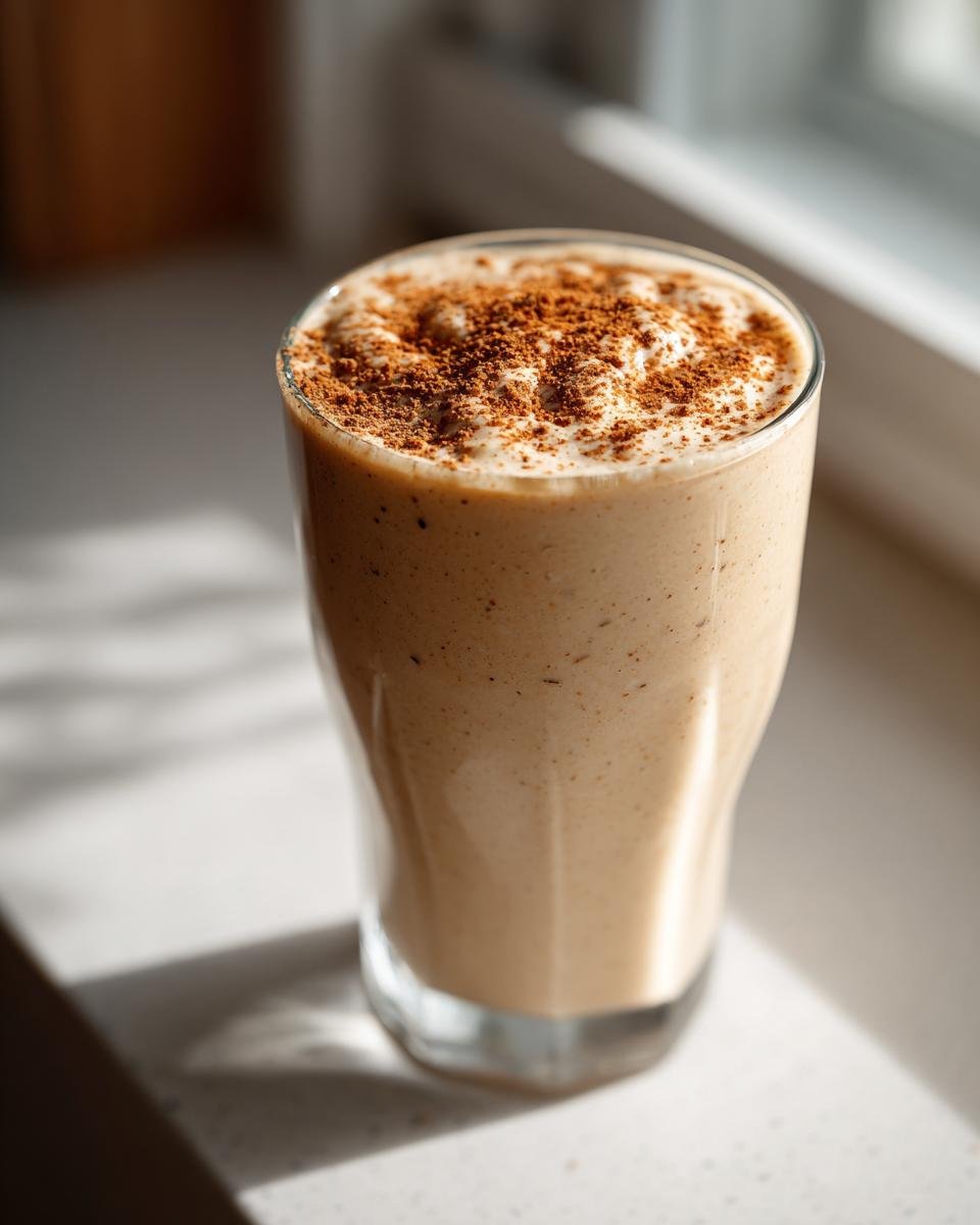 A creamy Apple Pie Smoothie in a tall glass, topped generously with ground cinnamon.