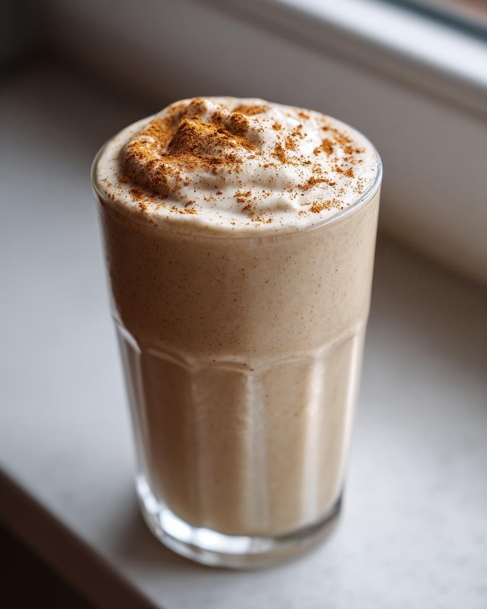 A tall glass filled with a thick, beige Apple Pie Smoothie, topped with whipped cream and sprinkled cinnamon.