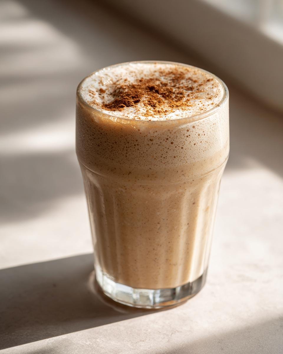 A tall glass filled with a thick, frothy Apple Pie Smoothie, dusted generously with cinnamon on top.