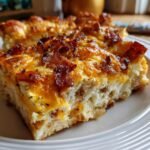 A close-up of a hearty slice of Bacon Egg Cheese Everything Breakfast Casserole with melted cheddar and crispy bacon.