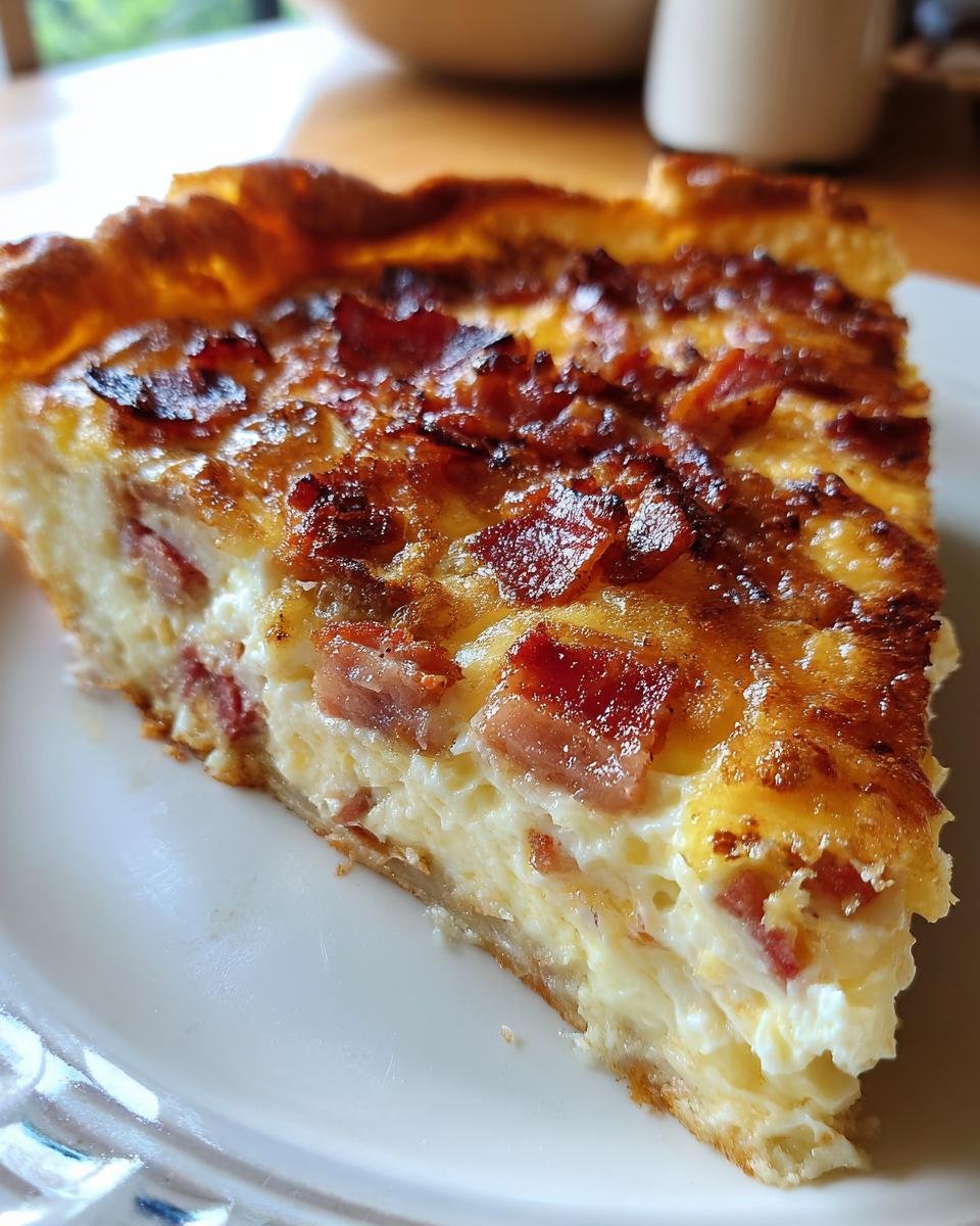 A close-up slice of Bacon Egg Cheese Everything Breakfast Casserole showing a fluffy egg filling and crispy bacon pieces.