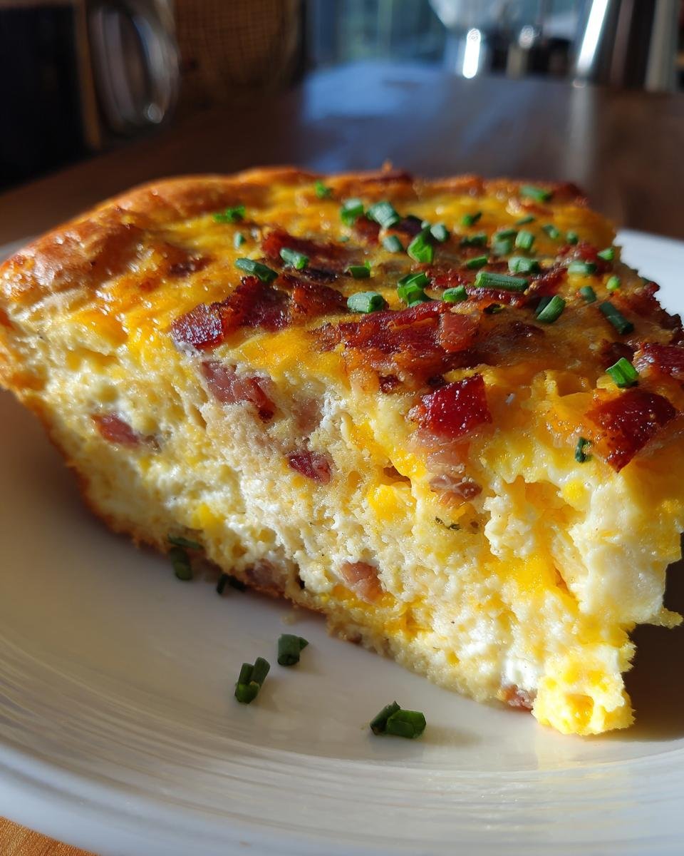 Close-up of a fluffy slice of Bacon Egg Cheese Everything Breakfast Casserole topped with bacon bits and chives.
