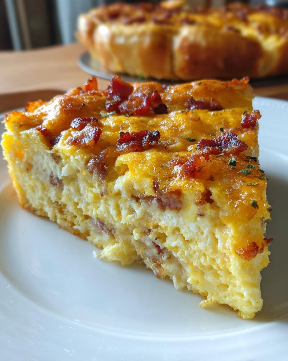A close-up slice of Bacon Egg Cheese Everything Breakfast Casserole showing fluffy eggs and crispy bacon topping.
