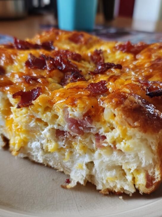 Close-up of a hearty slice of Bacon Egg Cheese Everything Breakfast Casserole with golden cheese and bacon topping.