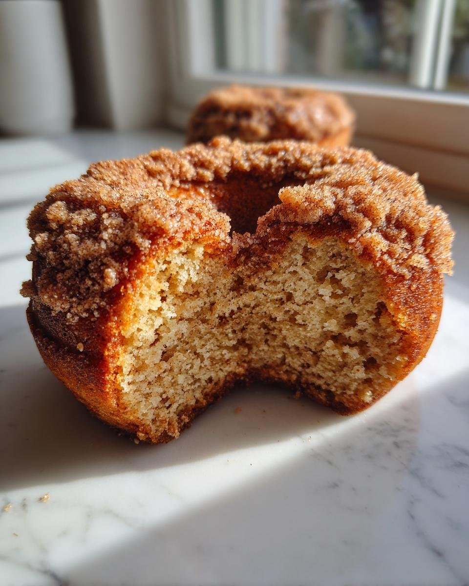 Close-up of a Baked Apple Cider Crumb Donut with a bite taken out, showing the moist interior and cinnamon crumb topping.