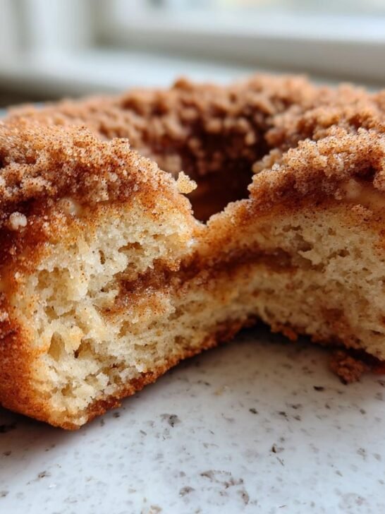 A close-up view of a Baked Apple Cider Crumb Donuts cut in half, showing the soft interior and cinnamon crumb topping.