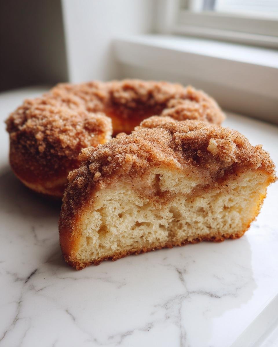 Close-up of a Baked Apple Cider Crumb Donut cut in half showing the soft interior and cinnamon crumb topping.