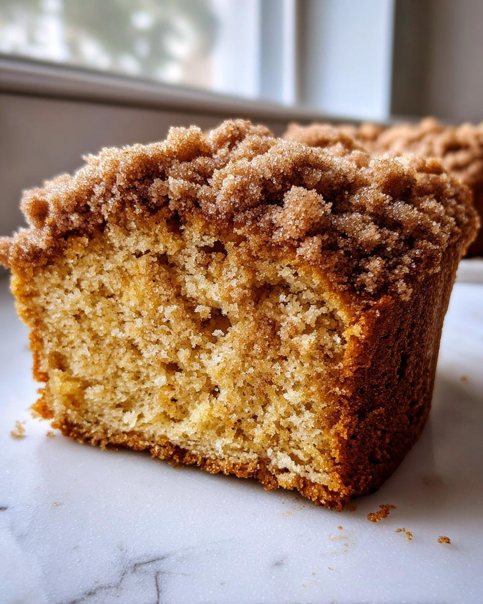 Cross-section showing the moist interior and thick cinnamon sugar crumb topping of a Baked Apple Cider Crumb Donut.