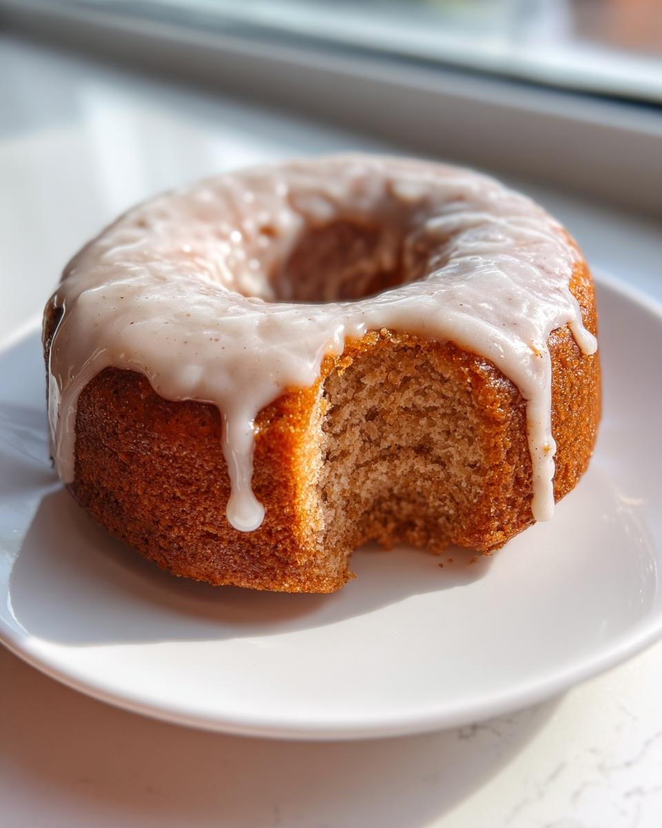 Close-up of a moist Baked Vegan Apple Cider Donut with thick vanilla glaze dripping down, a bite is missing.