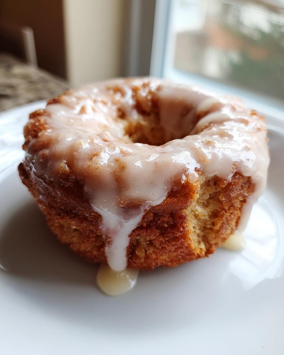 Close-up of a freshly baked vegan apple cider donut with thick, dripping vanilla glaze on a white plate.