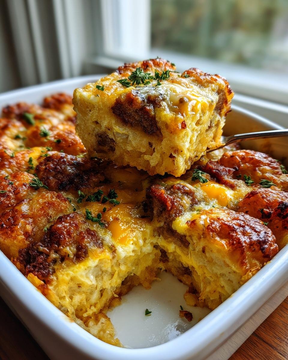 A serving spoon lifts a square piece of Best Breakfast Tater Tot Casserole from a white baking dish.