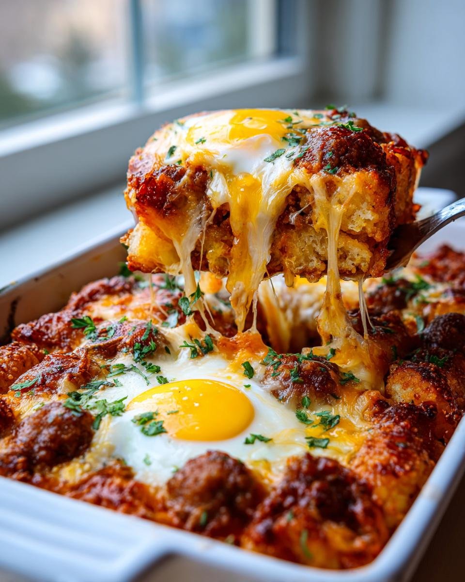 A serving spoon lifts a cheesy, saucy portion of the Best Breakfast Tater Tot Casserole, topped with a runny fried egg.