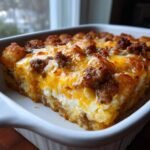 A close-up of a square portion of the Best Breakfast Tater Tot Casserole with melted cheese and sausage.
