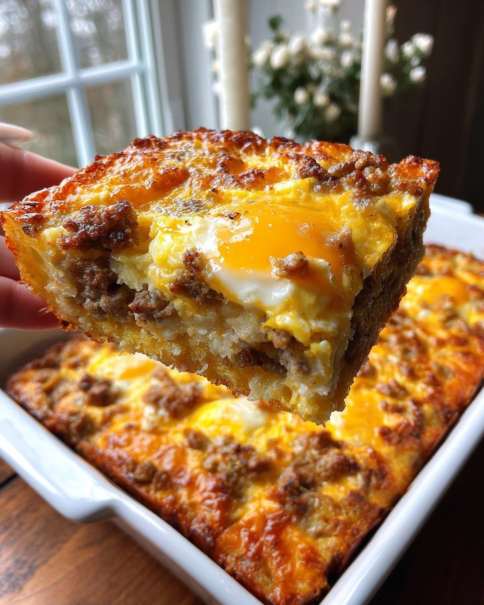 A hand lifts a square slice of Best Breakfast Tater Tot Casserole topped with sausage and a runny egg yolk.