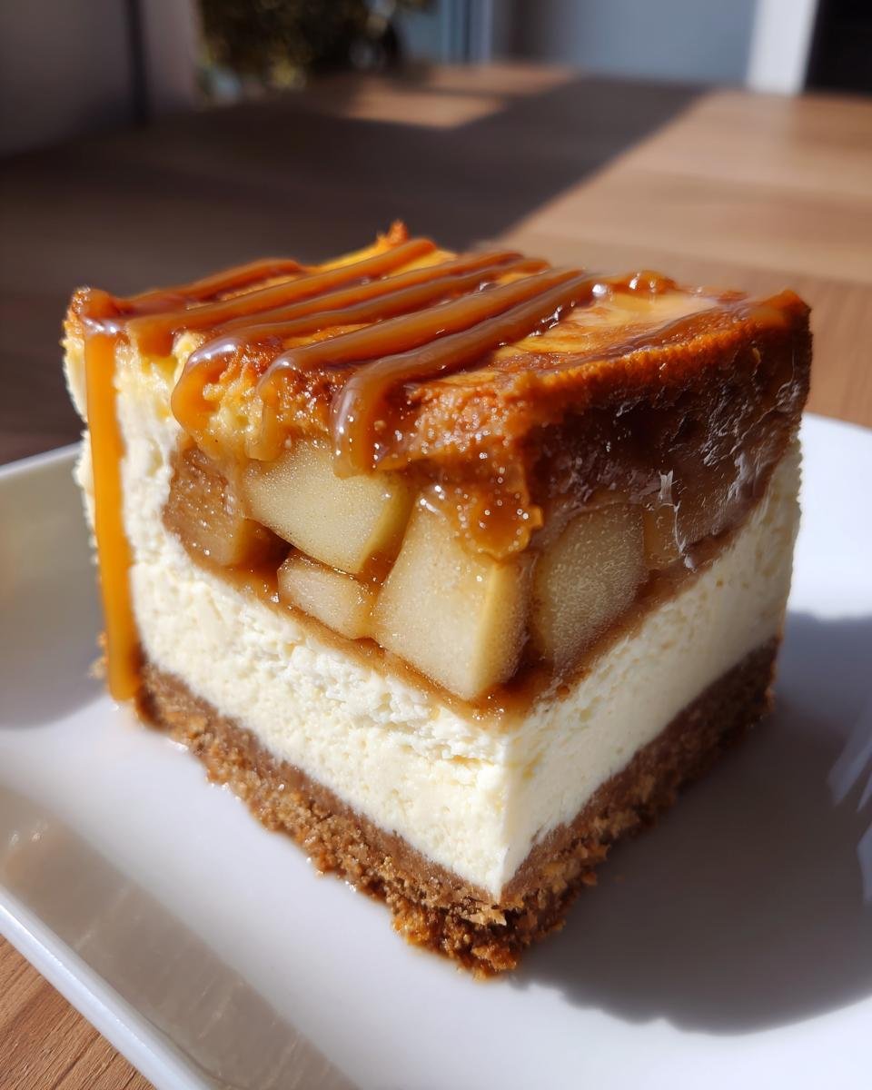 A perfect square slice of Best Caramel Apple Spice Cheesecake with a graham cracker crust and caramel drizzle.