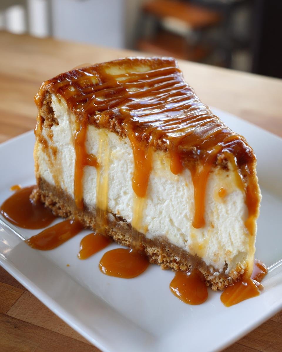 A perfect slice of the Best Caramel Apple Spice Cheesecake drizzled heavily with thick caramel sauce.