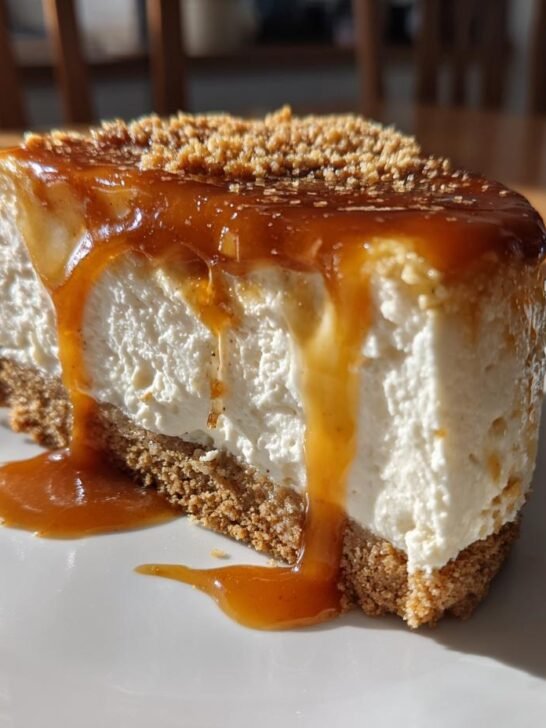 A close-up of a slice of the Best Caramel Apple Spice Cheesecake with thick caramel dripping down the side.
