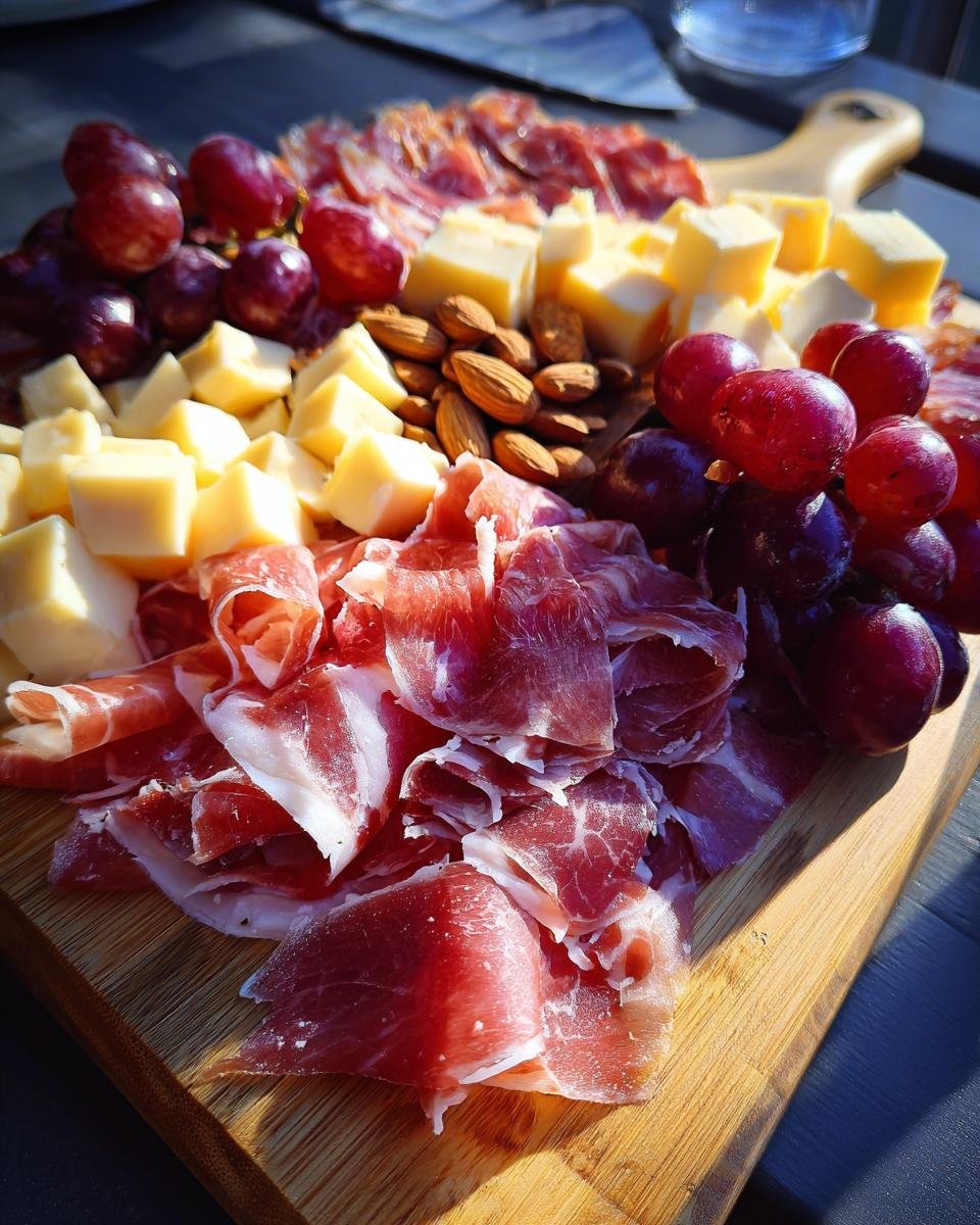 Close-up of prosciutto, cubed cheese, red grapes, and almonds arranged on a wooden board for How To Make The Best Charcuterie Board.