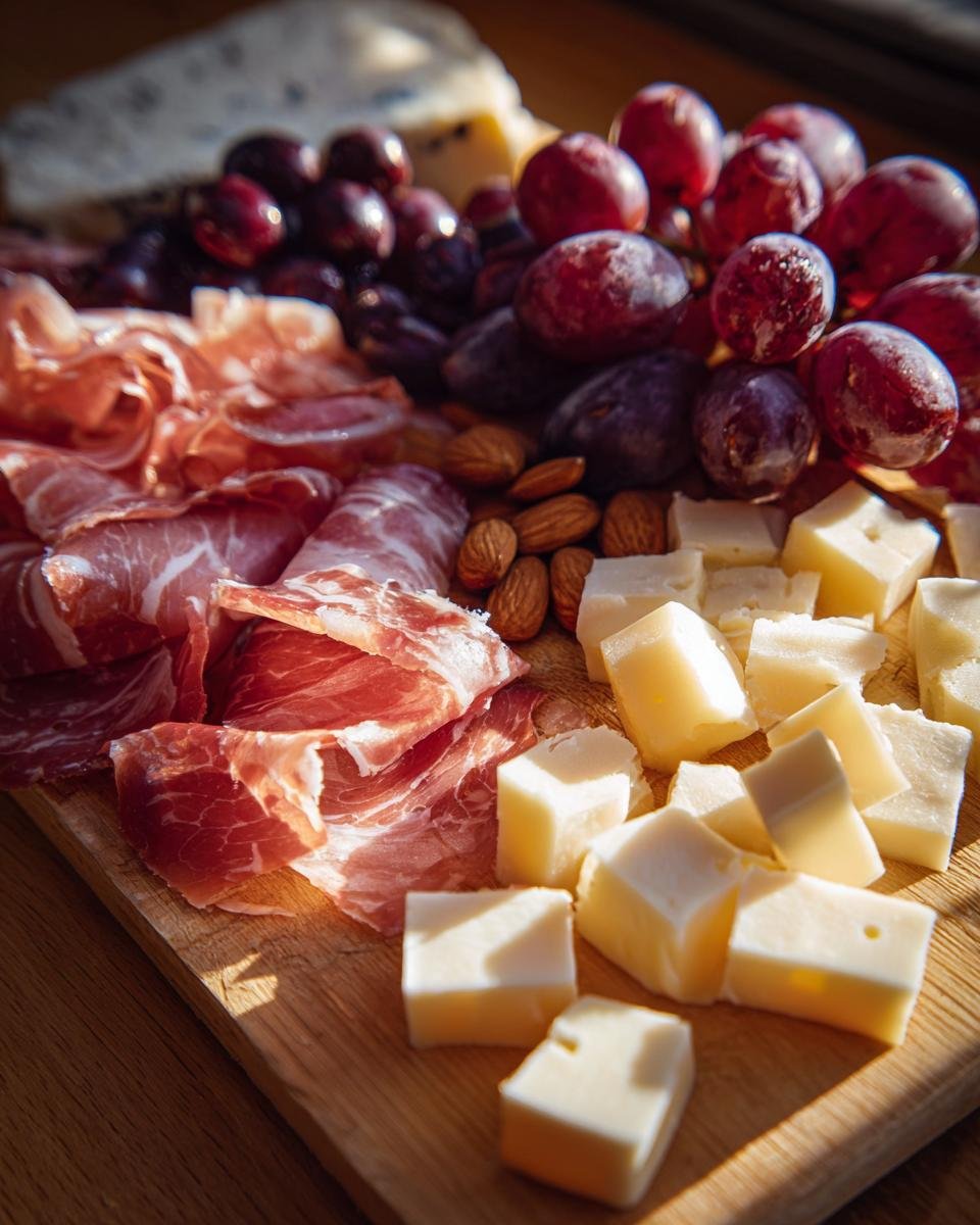 Close-up of cured meats, cubed cheese, grapes, and almonds on a wooden board for How To Make The Best Charcuterie Board.
