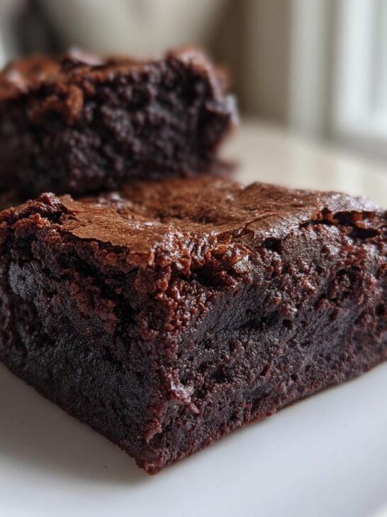 A close-up shot showing the dense, fudgy texture of the Best Fudgy Vegan Brownies served on a white plate.