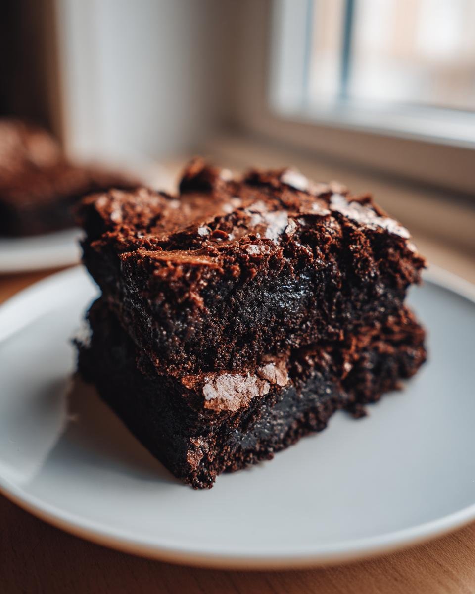 Two rich, dark squares of Best Fudgy Vegan Brownies stacked on a white plate, showing a glossy, cracked top.