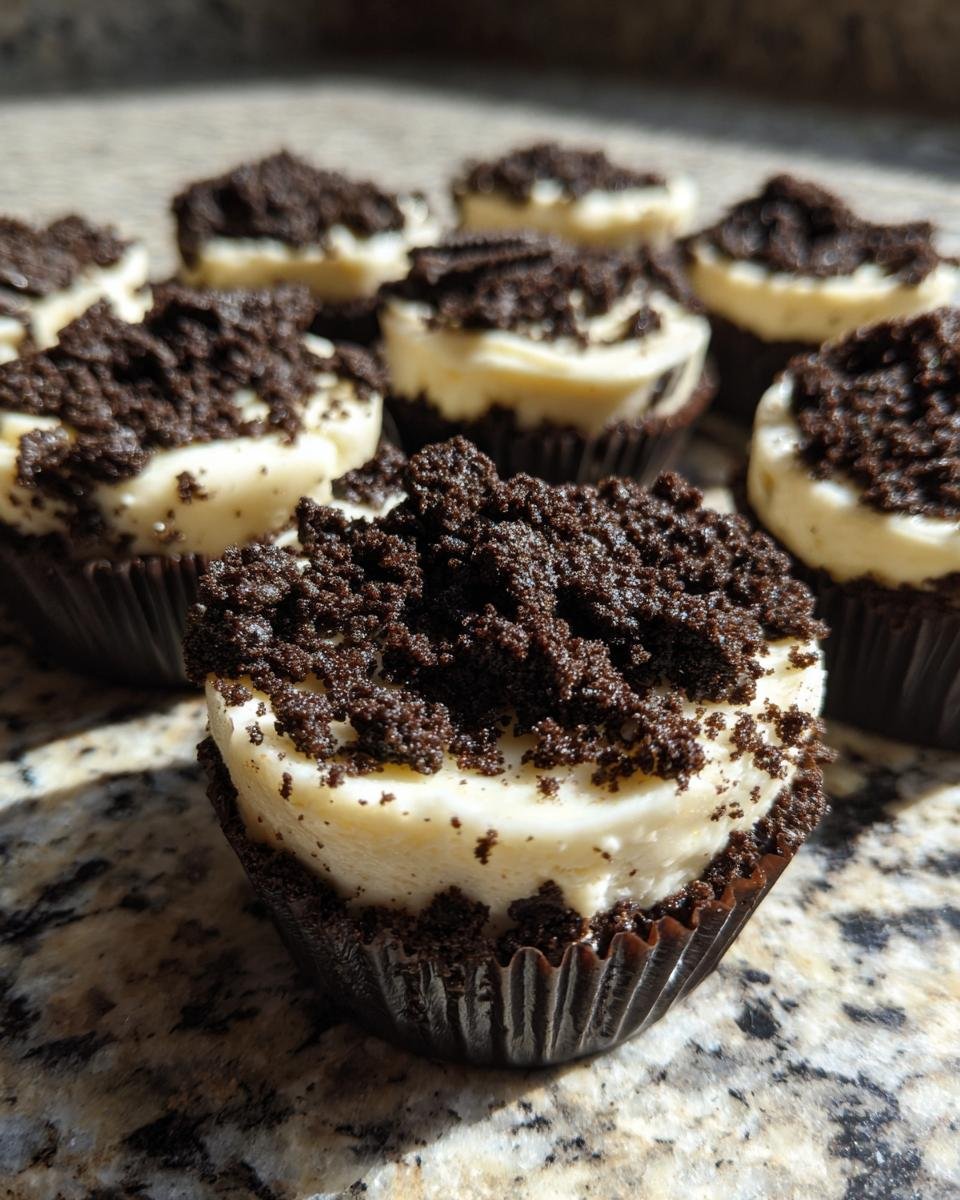 A close-up of several decadent Oreo Cheesecake Bites topped with dark chocolate cookie crumbs.