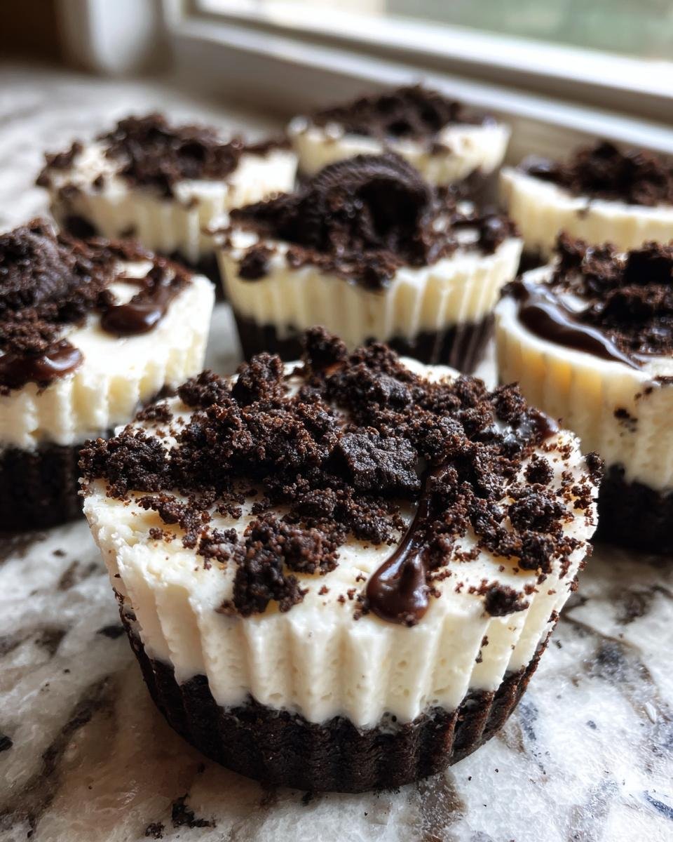 A close-up of several decadent Oreo Cheesecake Bites featuring a dark crust, creamy white filling, and crumbled Oreo topping.