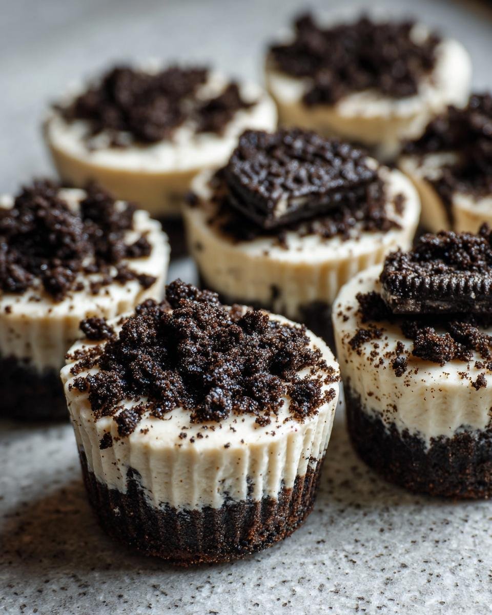 A close-up of several mini Oreo Cheesecake Bites with creamy filling and dark chocolate cookie crumbs on top.