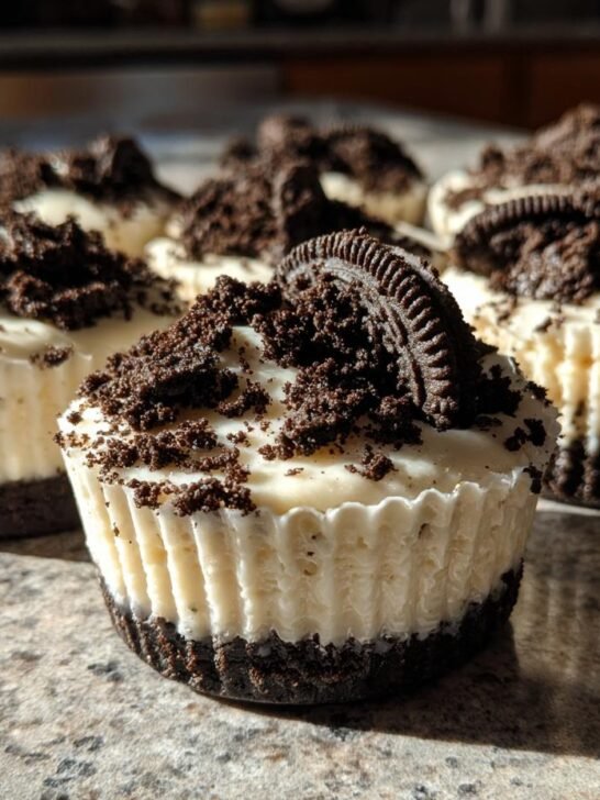 Several individual Oreo Cheesecake Bites topped with crushed Oreos and a mini cookie piece.