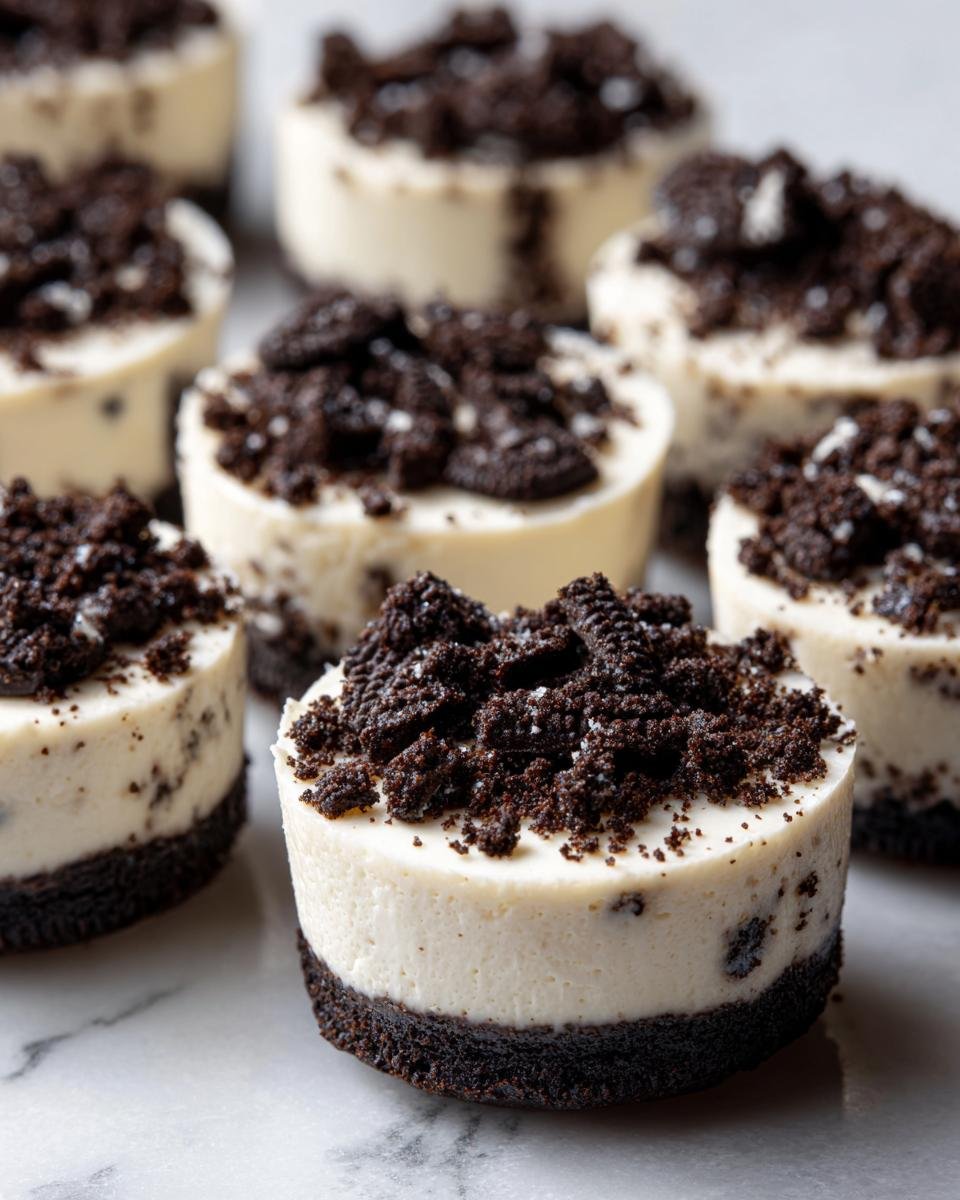 Several individual Oreo Cheesecake Bites with a dark chocolate crust and creamy white filling topped with crushed Oreos.