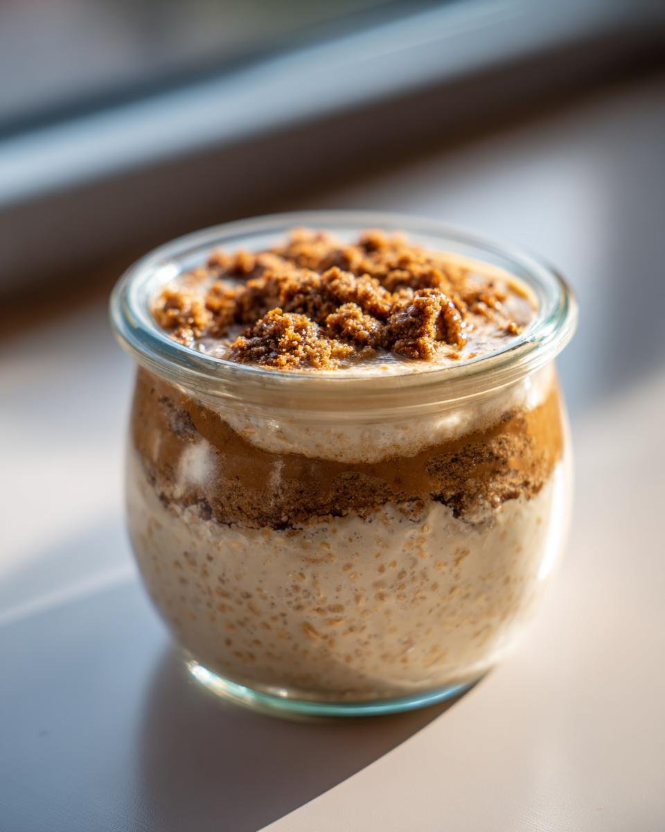 Close-up of Biscoff Cookie Overnight Oats layered in a glass jar with a crumbly topping.