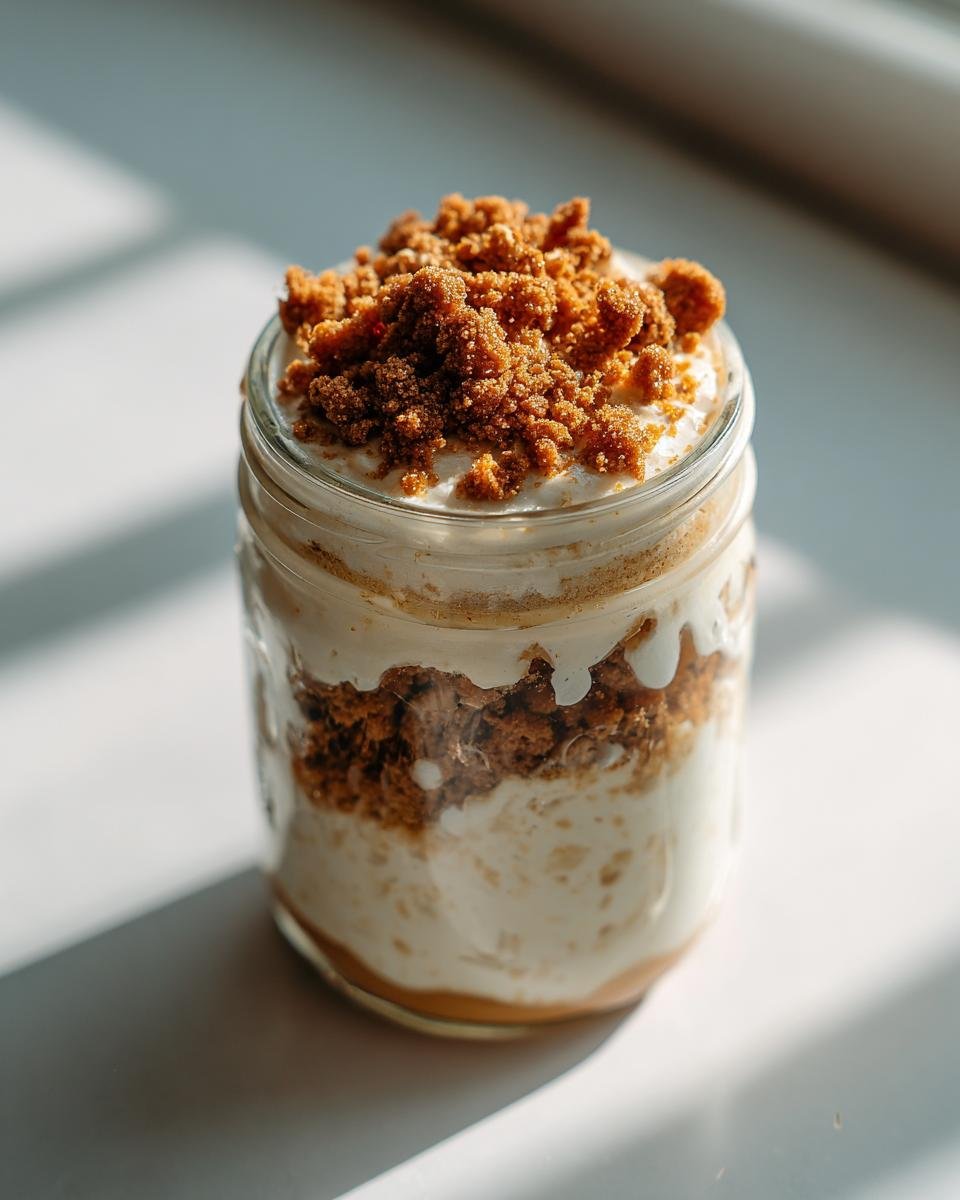 A layered Biscoff Cookie Overnight Oats dessert served in a glass jar, topped with cookie crumbles.